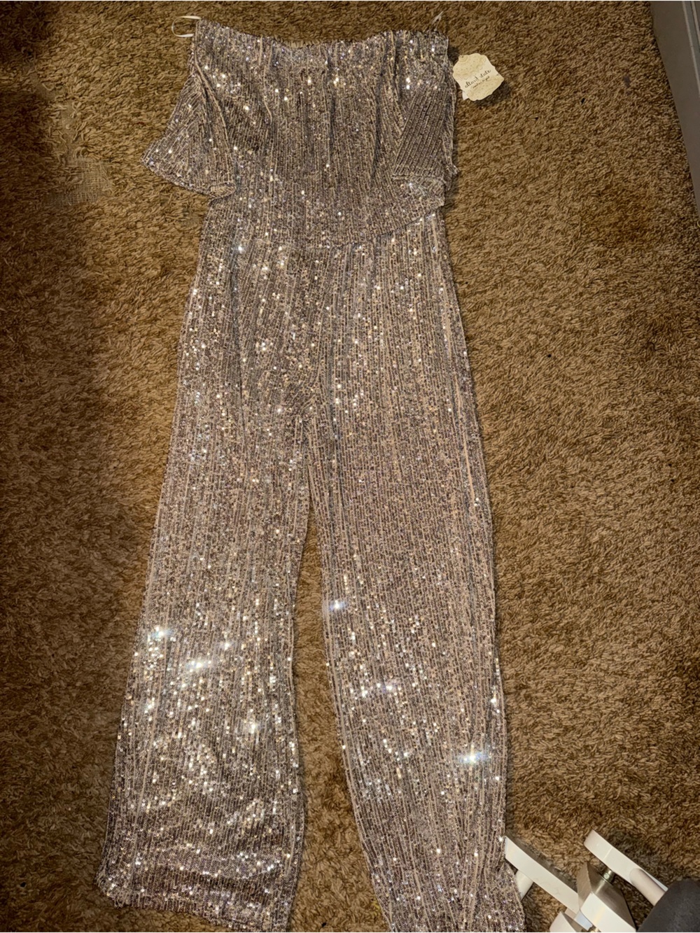 Altar'd State Sparkling Champagne Sequin Wide-Leg Jumpsuit